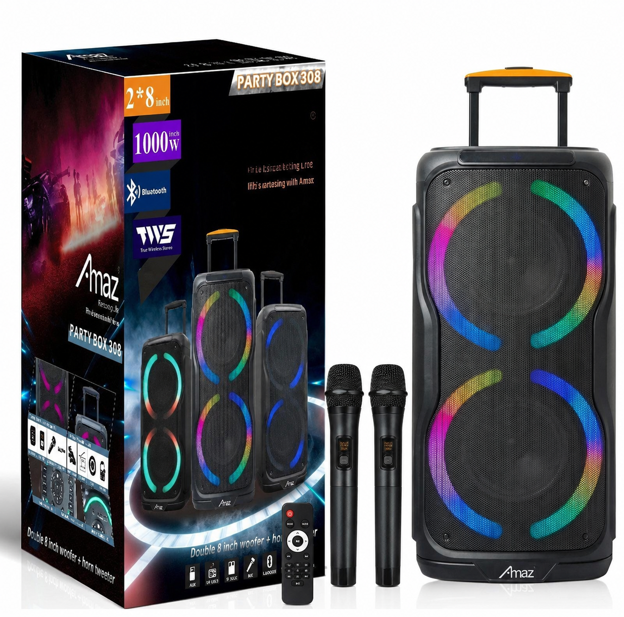 Enceinte Nomade Bluetooth Party Box 308 AMAZ - Double 8 Pouces avec LED