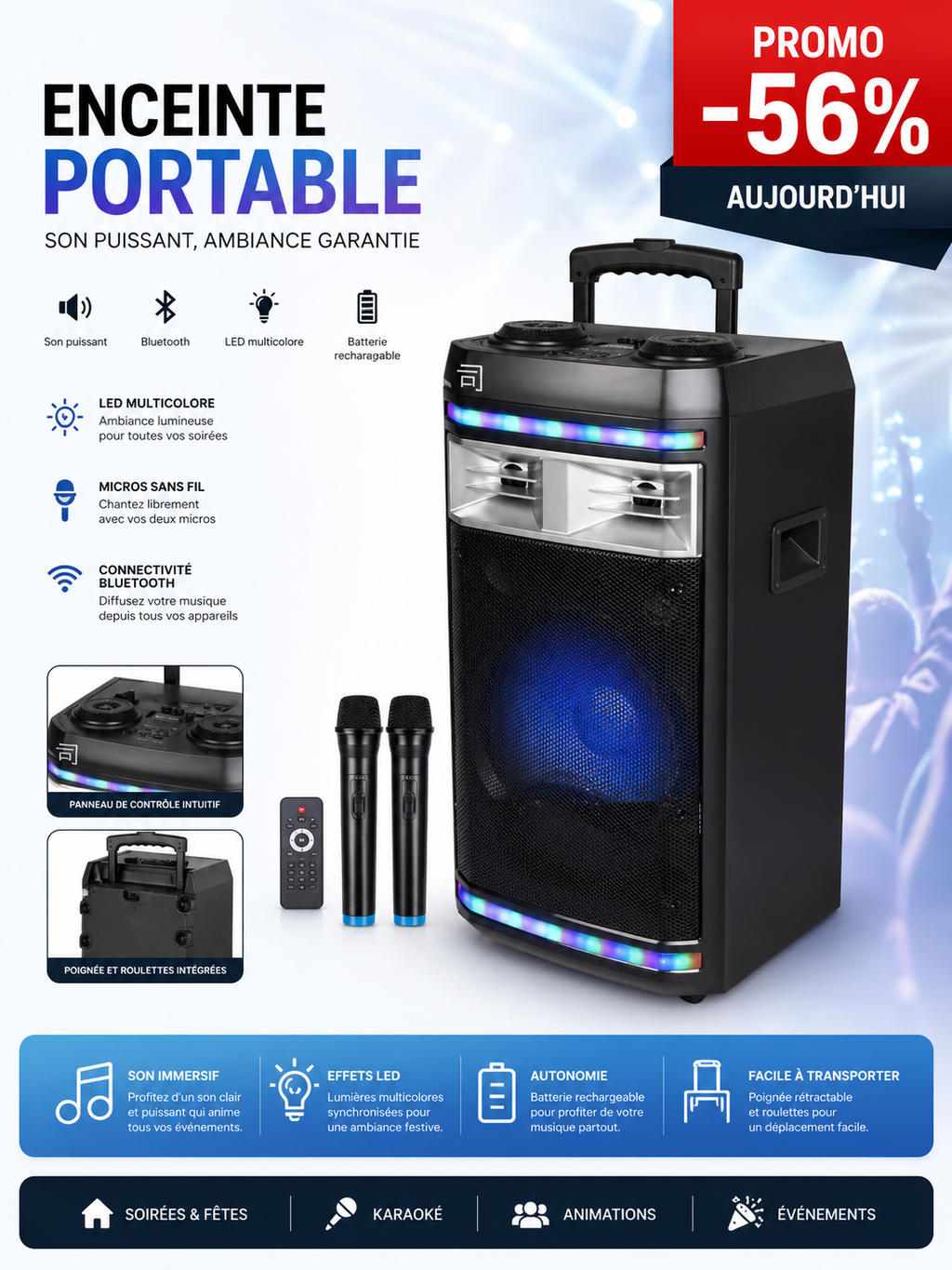 Haut-parleur, Système Audio Numérique AVCROWNS , P.M.P.O 100W, 12 pouces, à haute efficacité USB/TF & AUX