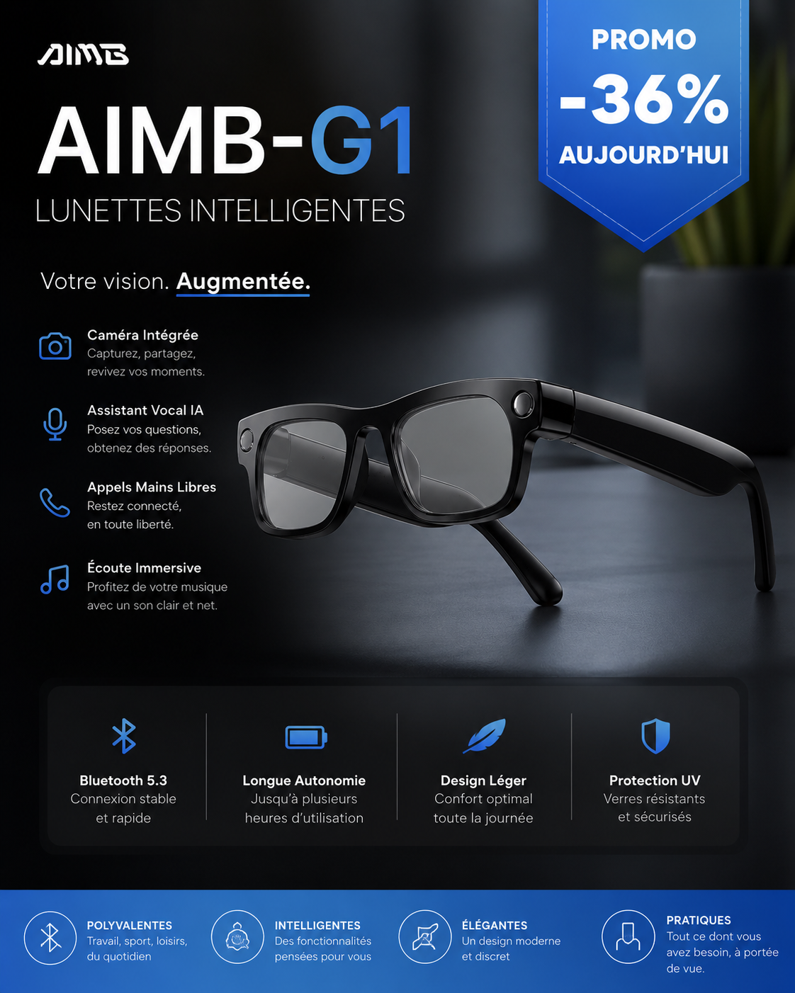Lunettes Intelligentes AIMB-G1 - L'Intelligence Artificielle au Service de votre Quotidien