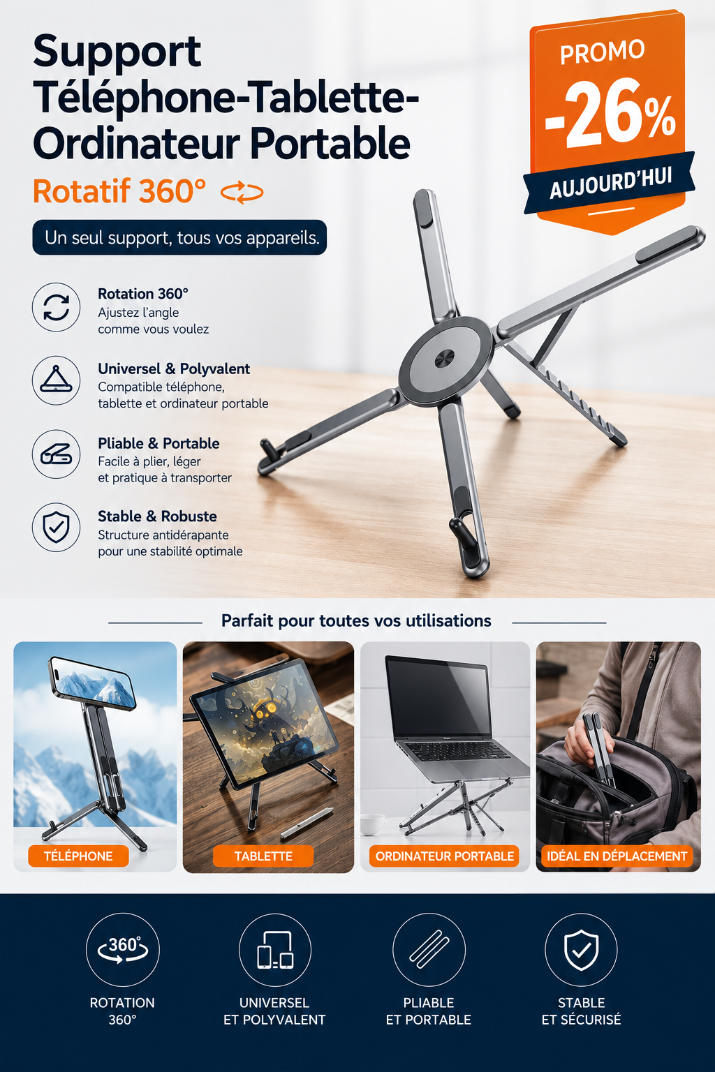 Support Téléphone-Tablette-Ordinateur Portable Rotatif 360 - ErgoPivot