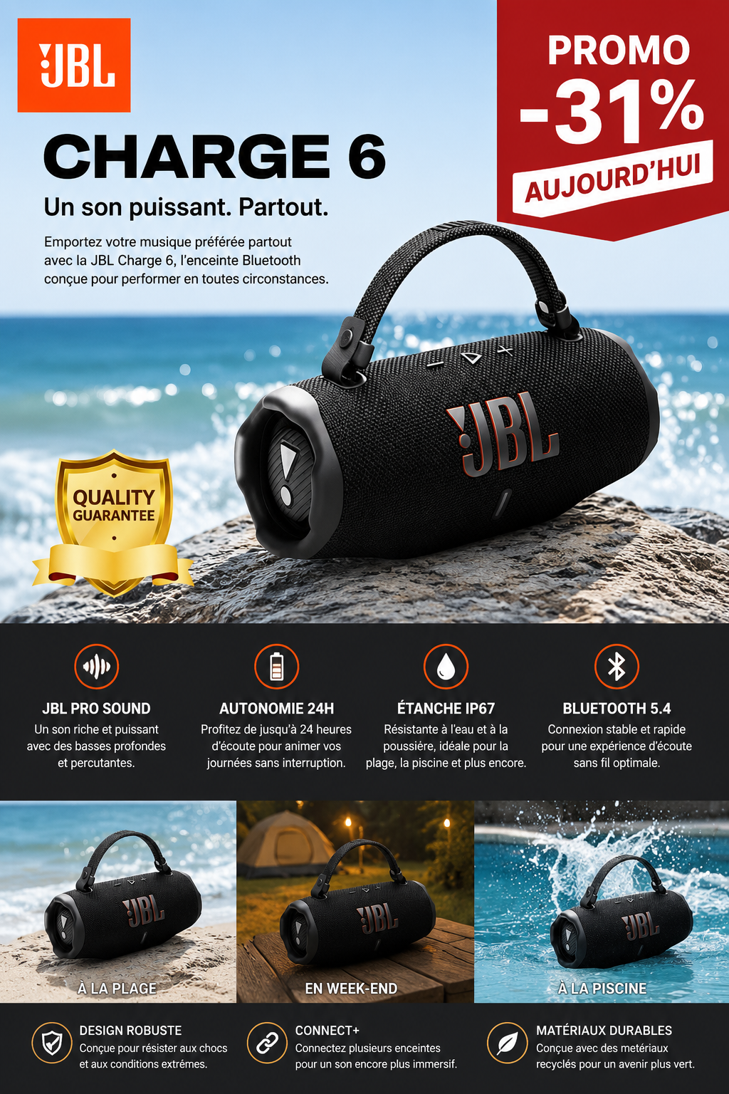 JBL Charge 6 - Enceinte Bluetooth Portable de Haute Précision