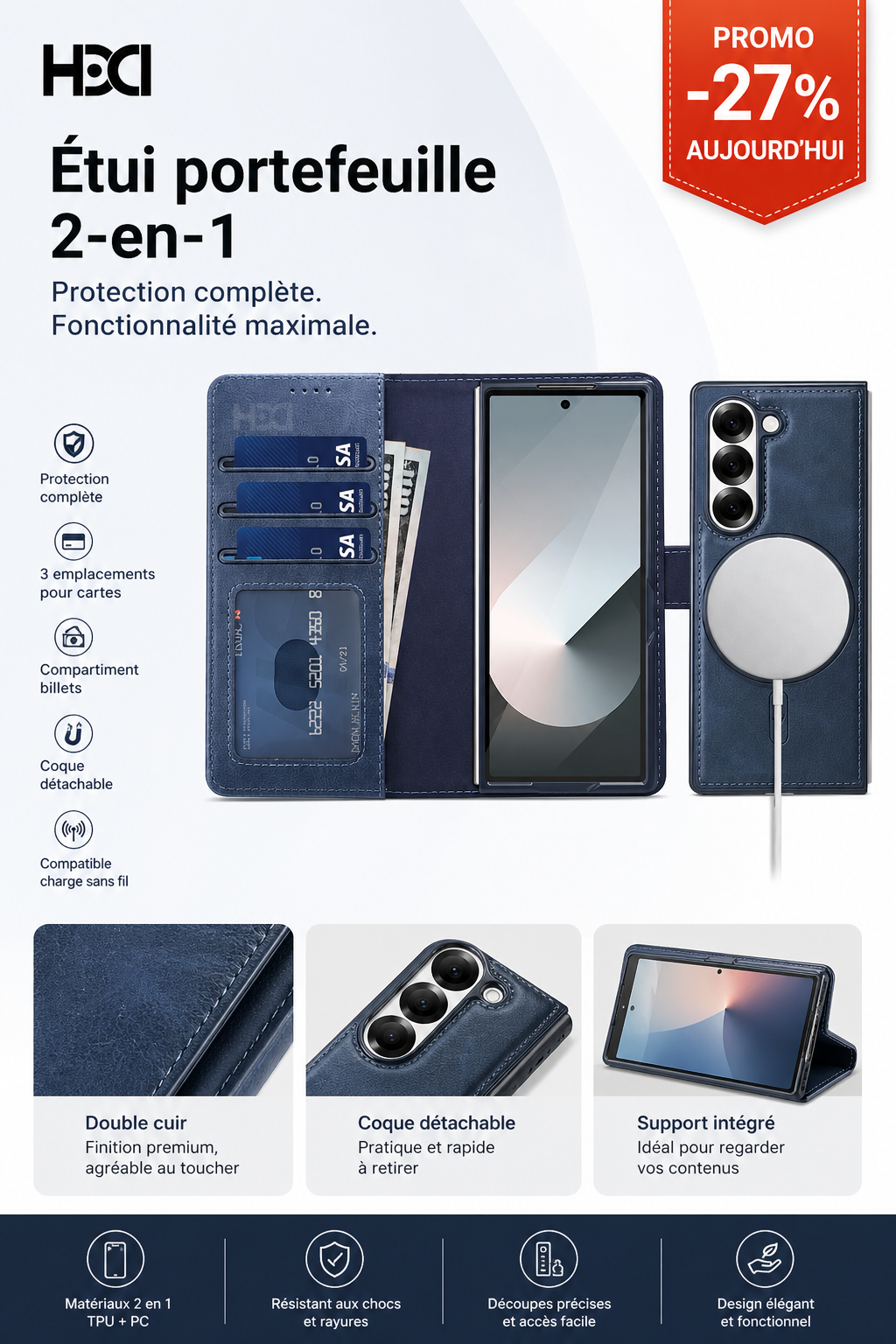 Étui Portefeuille Premium avec Recharge sans fil & Fermeture Magnétique pour Z Flip 3 à 7