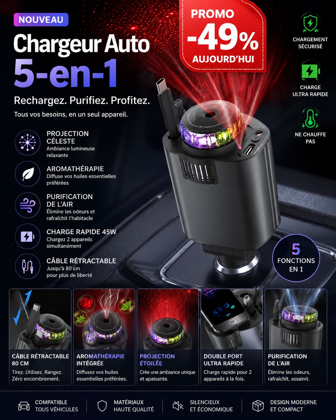 Chargeur Auto 5-en-1 : Votre Solution de Recharge Ultime
