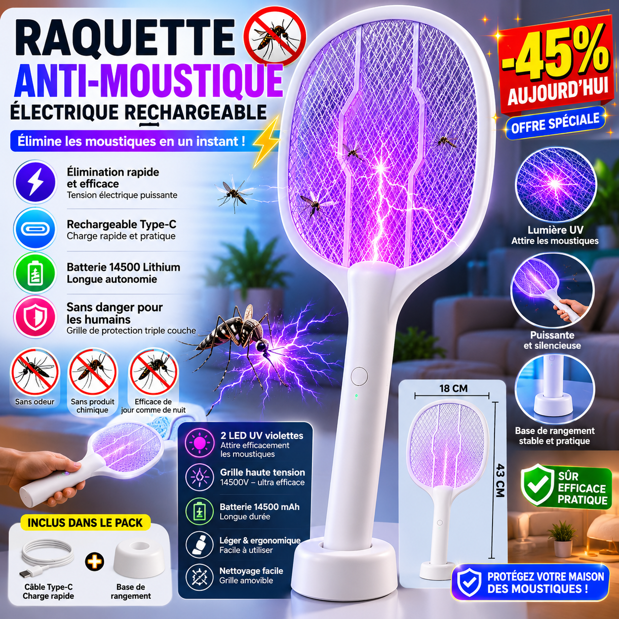 Raquette Anti-Moustiques Electrique Rechargeable Haute Performance