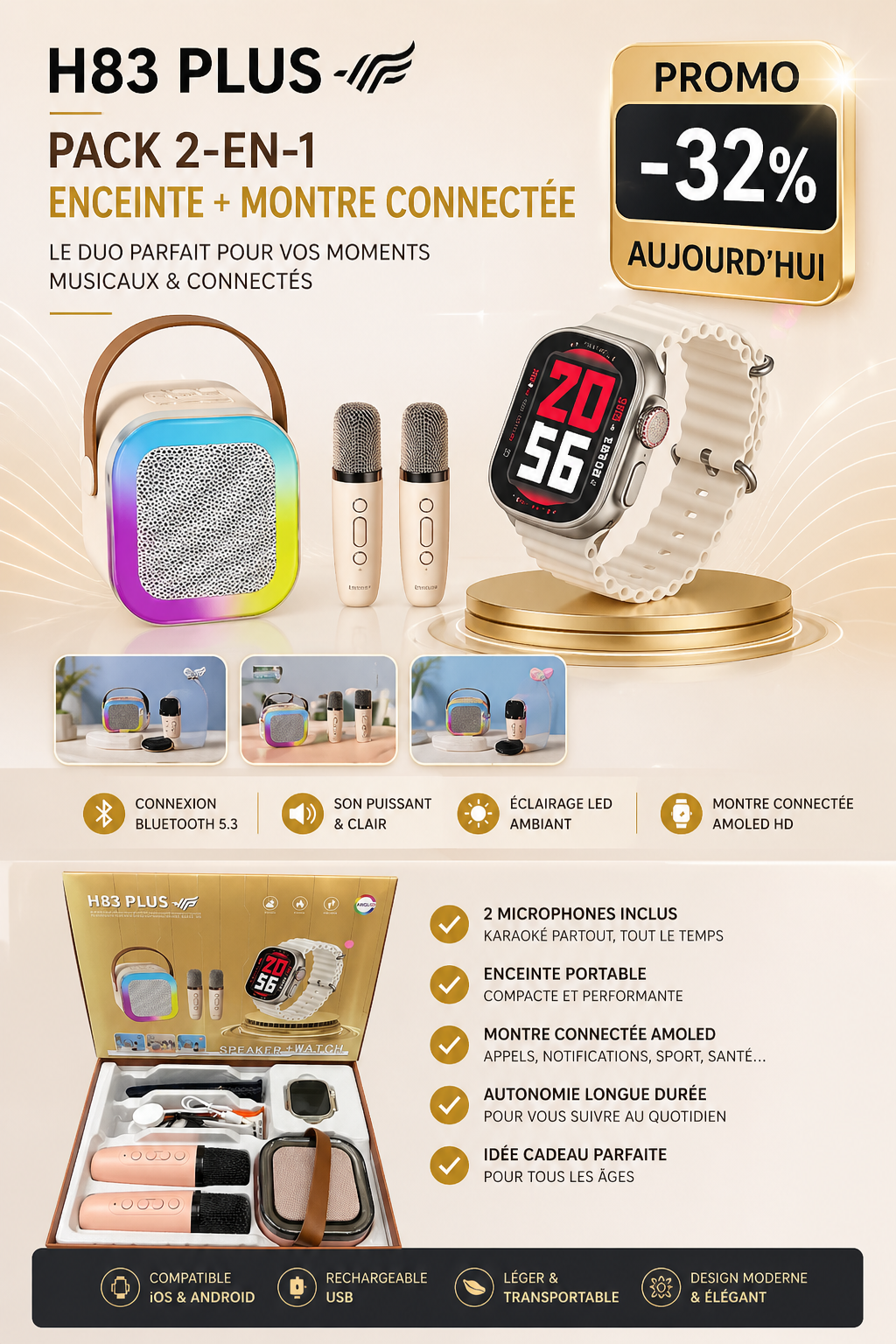 🎤⌚ H83 PLUS – Pack Karaoké &amp; Smartwatch Bluetooth (Speaker + Watch)