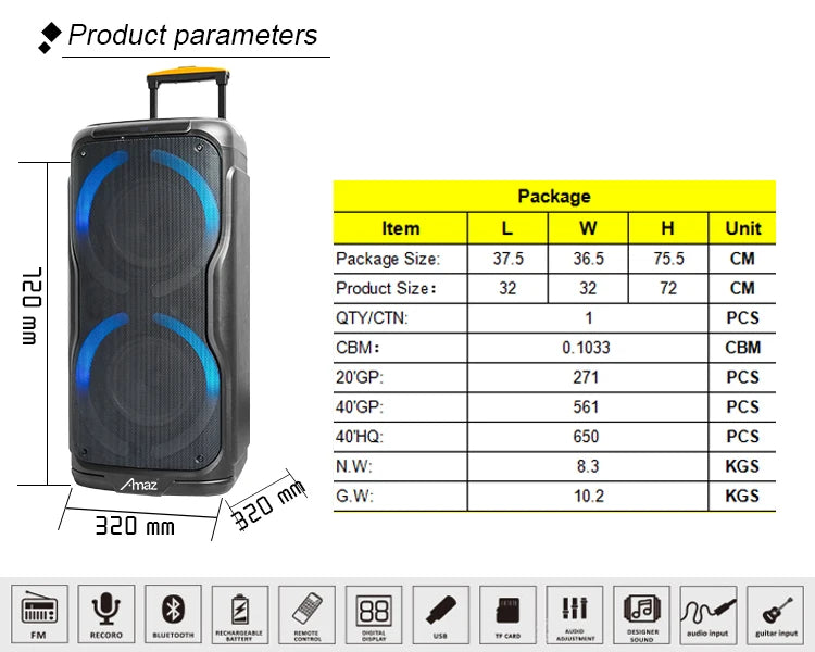 Enceinte Nomade Bluetooth Party Box 308 AMAZ - Double 8 Pouces avec LED