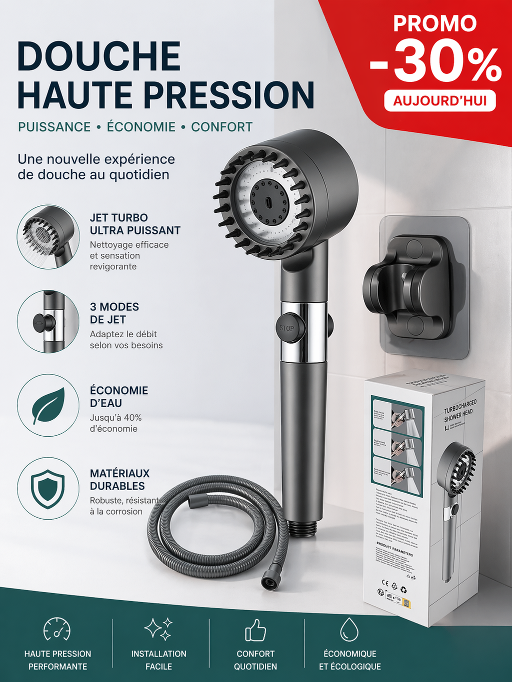 Pommeau de douche massant turbo haute pression à 3 modes