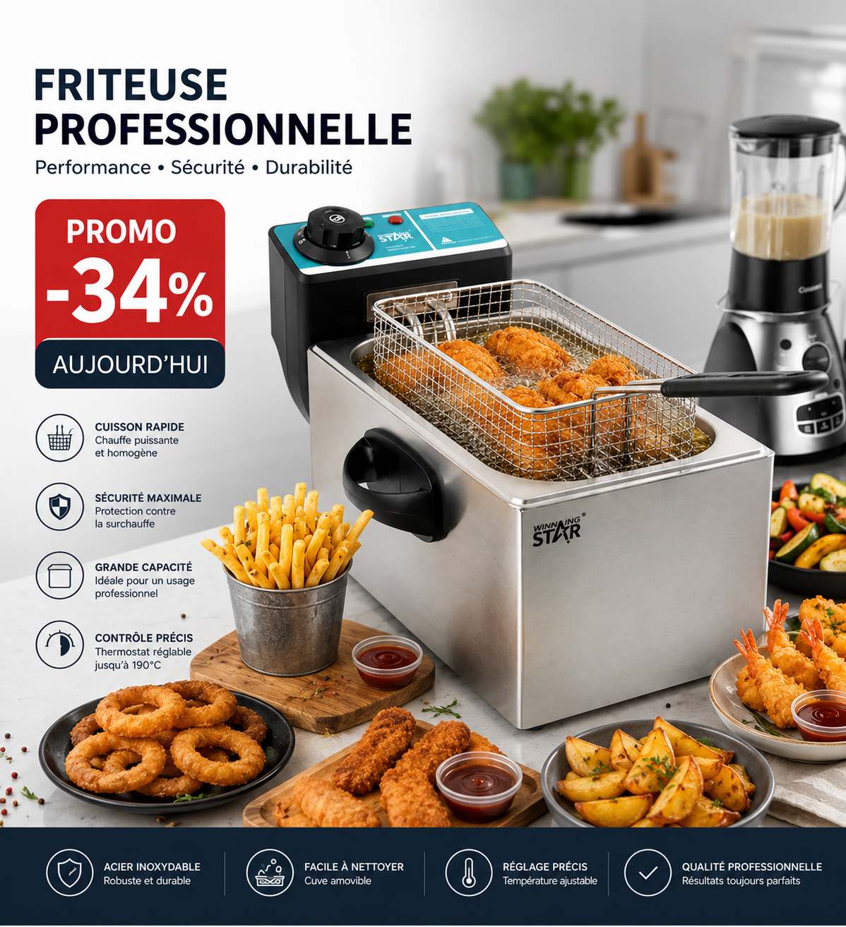 Winning Star ST-9203 Friteuse Électrique 4L - Friture Parfaite à Chaque Fois