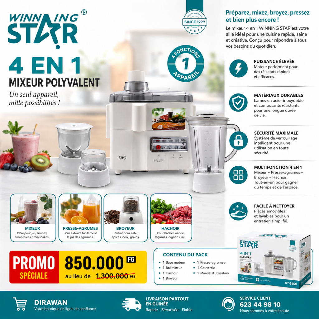 Mixeur Multifonction 4 en 1 WINNING STAR ST-5558