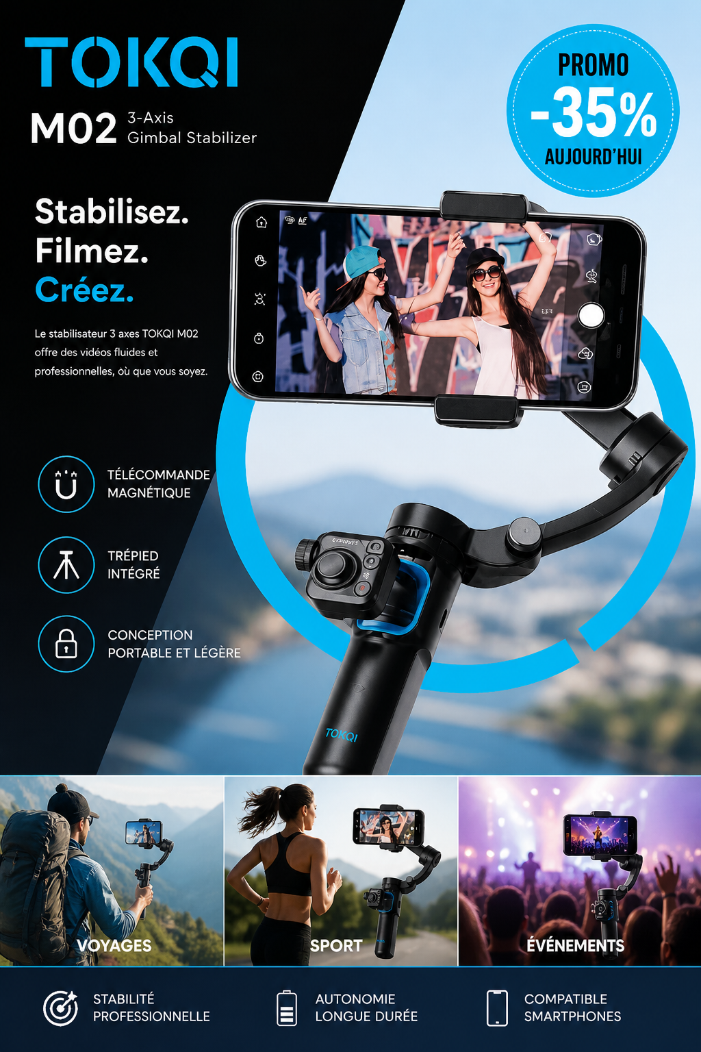 Stabilisateur Gimbal 3 Axes Professionnel pour Smartphone