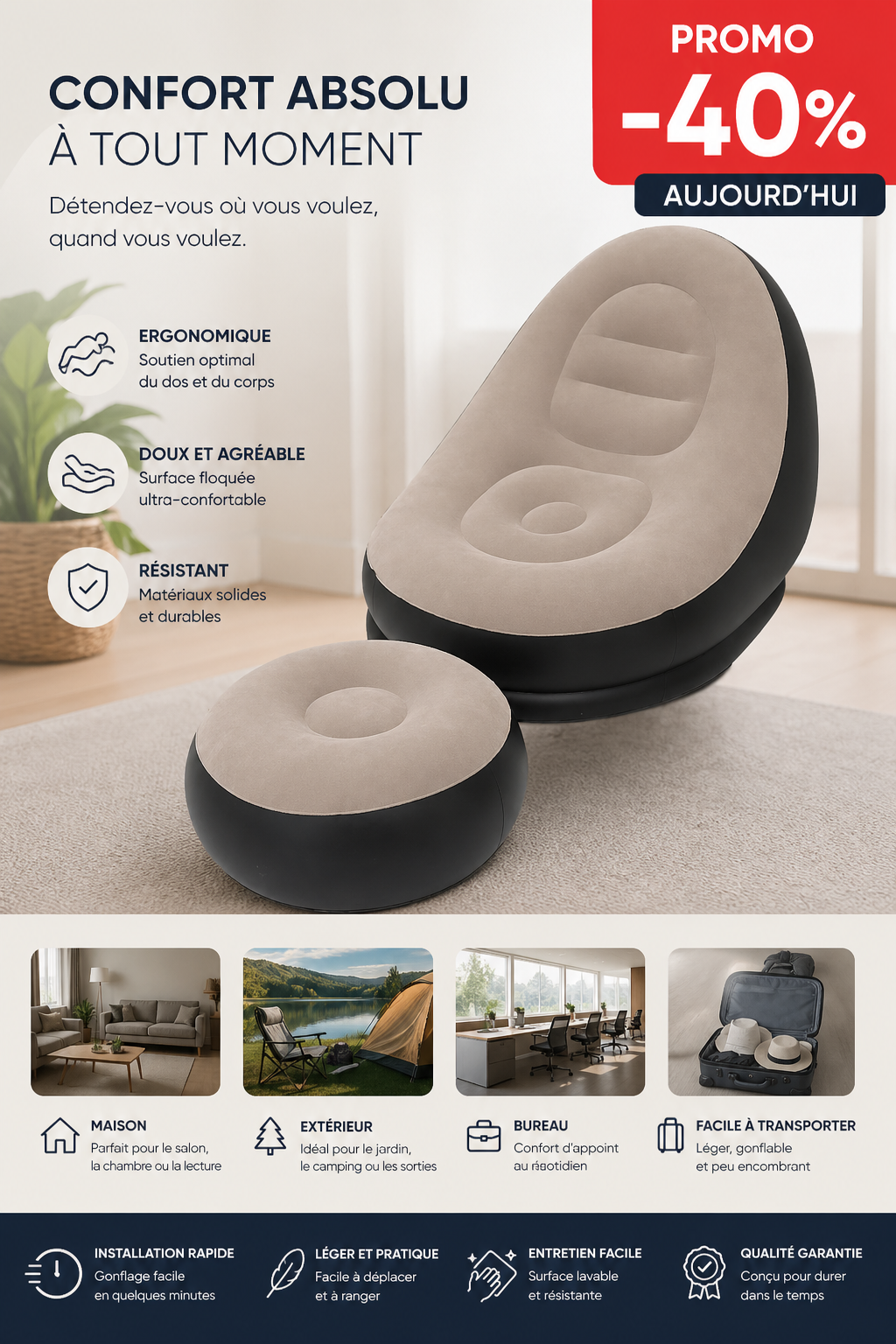 Fauteuil Gonflable Portable Oceanside avec Repose-Pieds