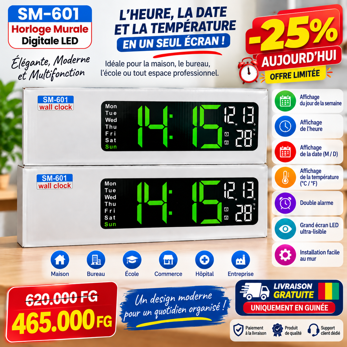 Horloge murale USB  à LED décorative