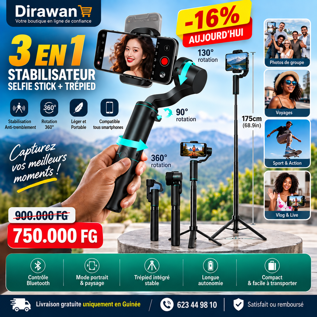 📱 Stabilisateur 3-en-1 – Selfie Stick + Trépied