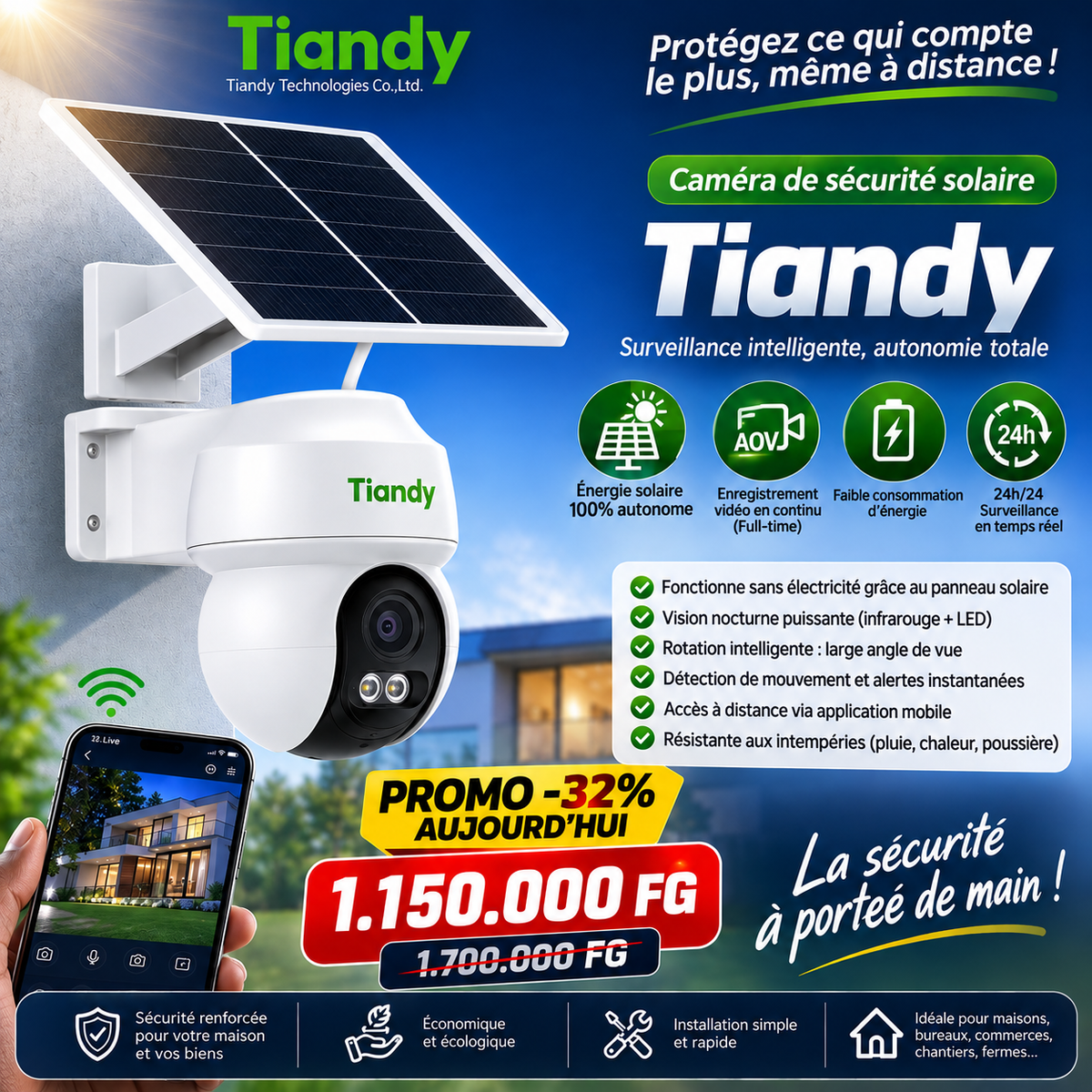 Caméra Solaire Intelligente Tiandy – Sécurité 24h/24, Sans Électricité