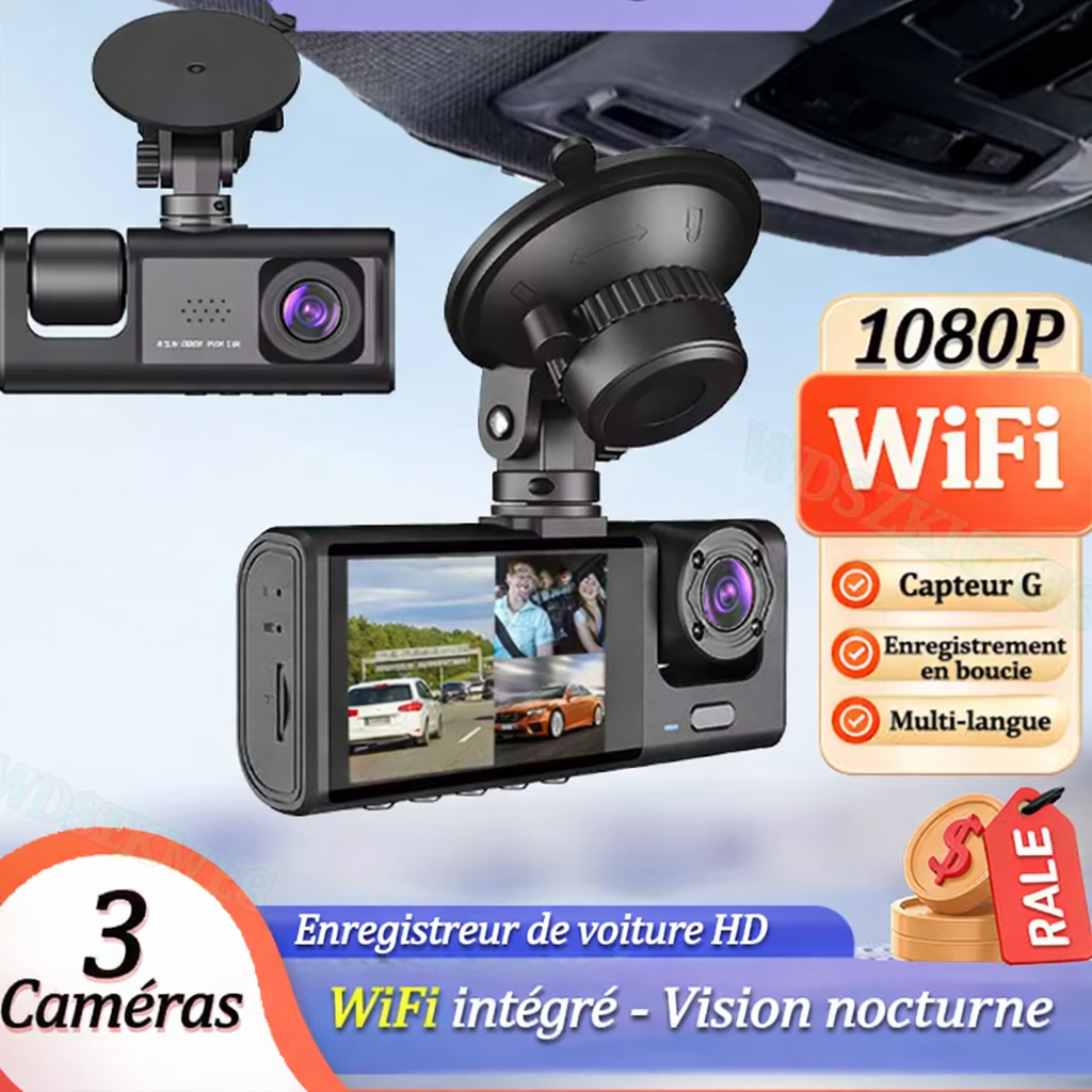 🚗 Caméra Embarquée 3 Caméras 1080P – WiFi Intégré & Vision Nocturne