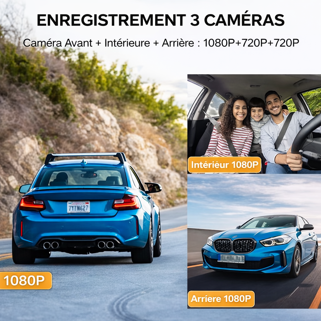 🚗 Caméra Embarquée 3 Caméras 1080P – WiFi Intégré & Vision Nocturne
