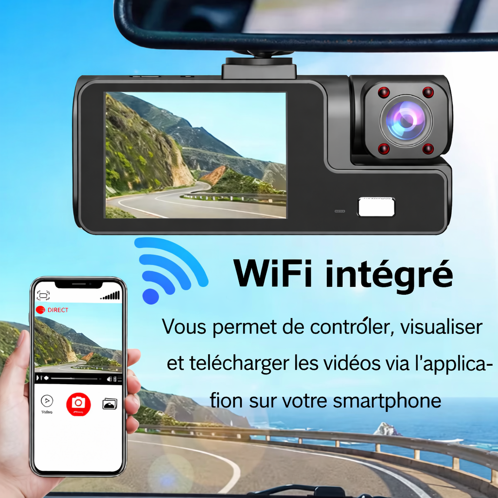 🚗 Caméra Embarquée 3 Caméras 1080P – WiFi Intégré & Vision Nocturne