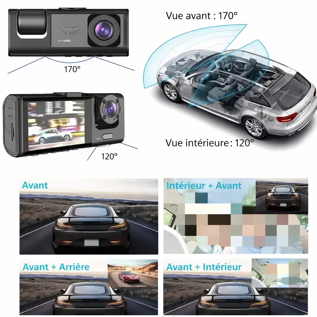 🚗 Caméra Embarquée 3 Caméras 1080P – WiFi Intégré & Vision Nocturne