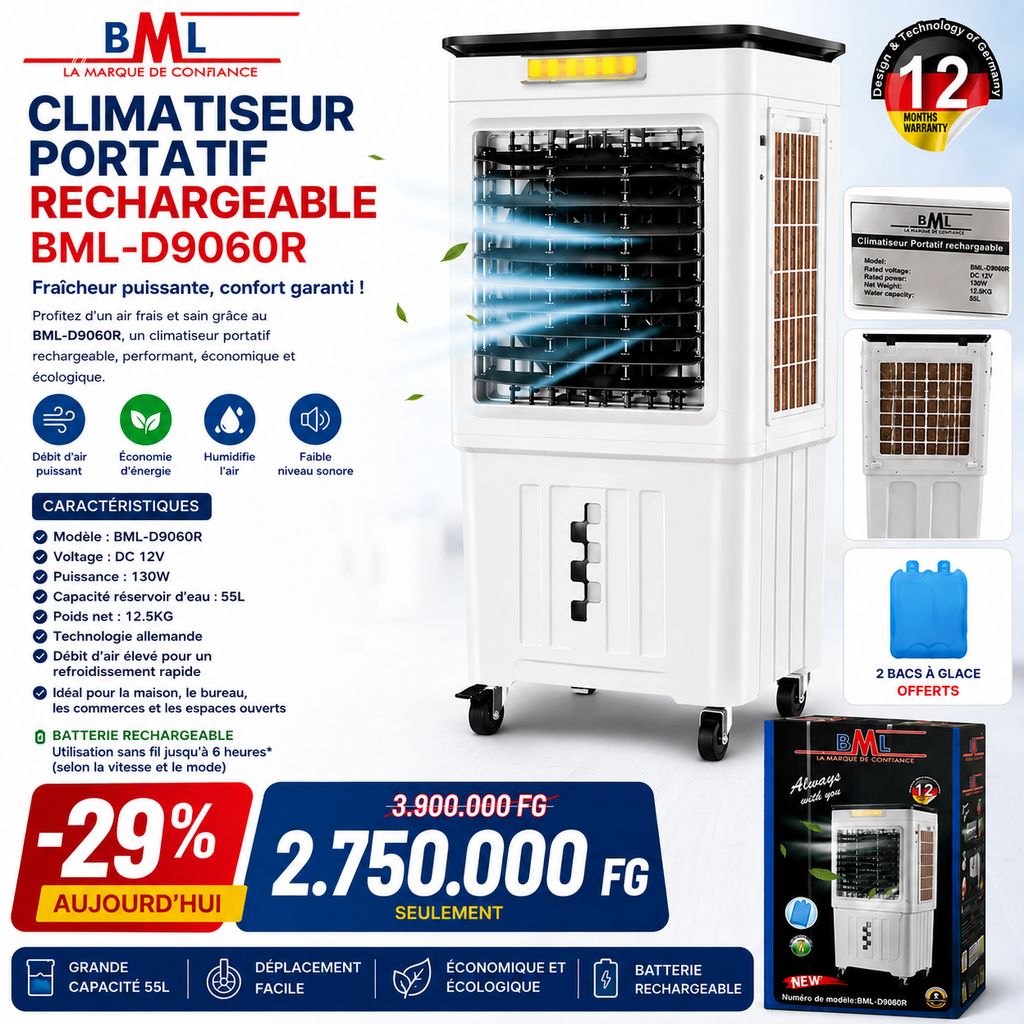 🌬️ CLIMATISEUR PORTATIF RECHARGEABLE 55 L