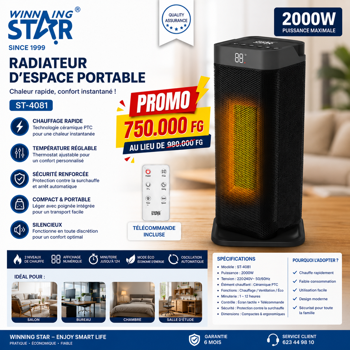 Radiateur d'Espace Portable  2000W  WINNING STAR ST-4081