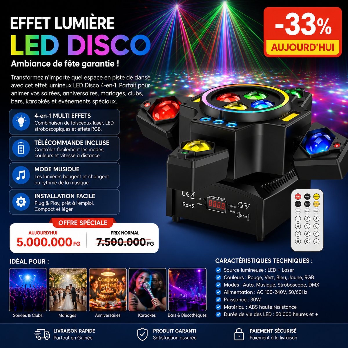 🌈 Lumière LED Disco 4-en-1 – Effet Spectaculaire