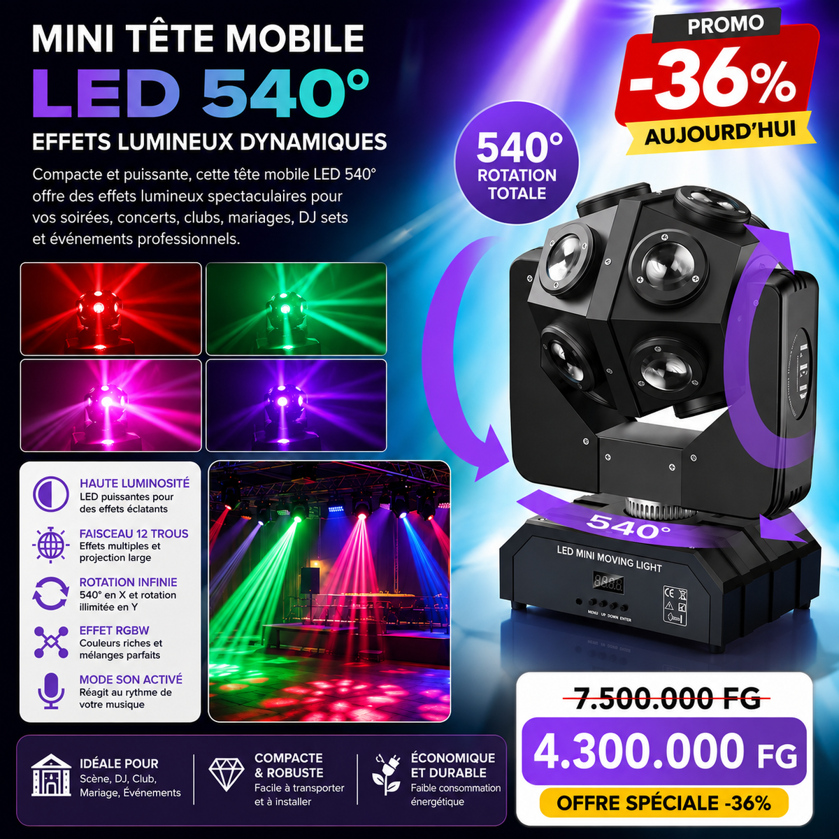 🎇 Méga Tête Mobile LED 540° — Effets Lumineux Spectaculaires