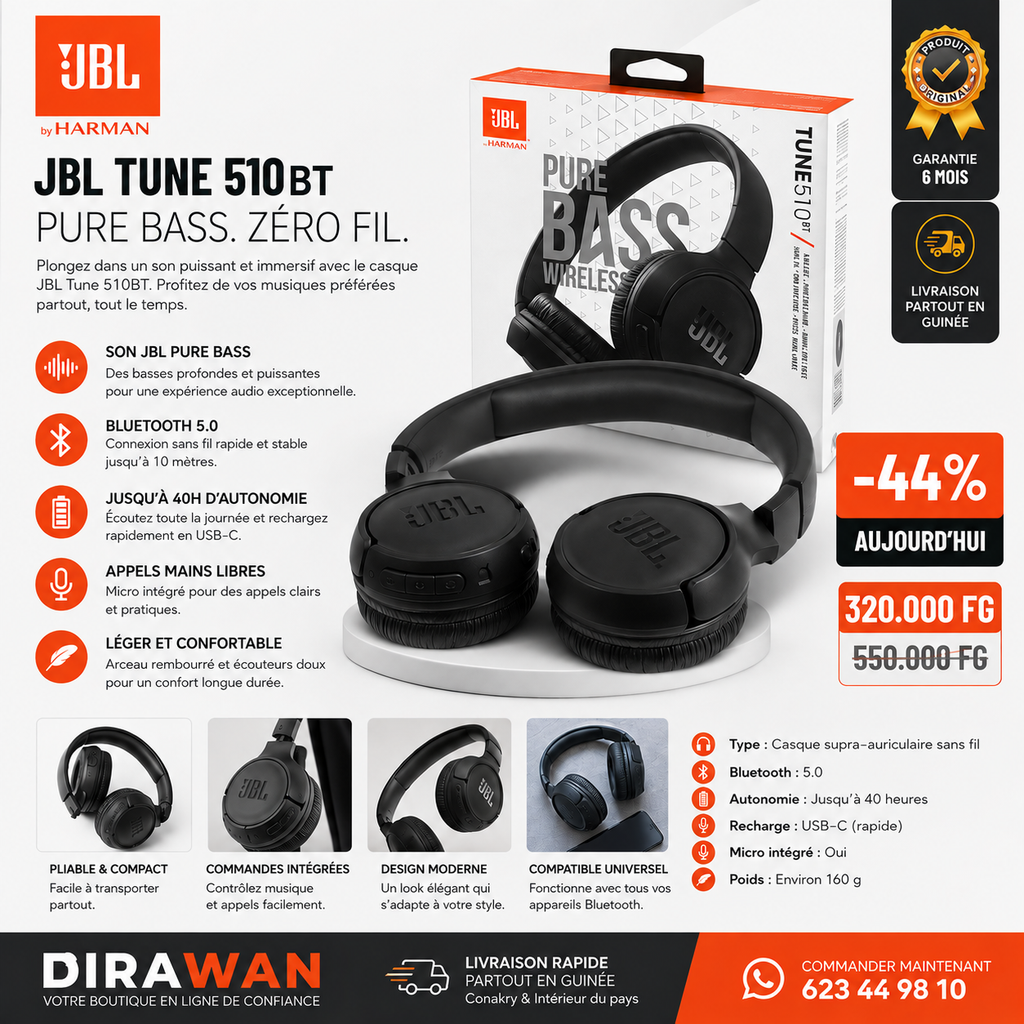 Casque JBL Tune 510BT – Le Son Pure Bass Sans Fil
