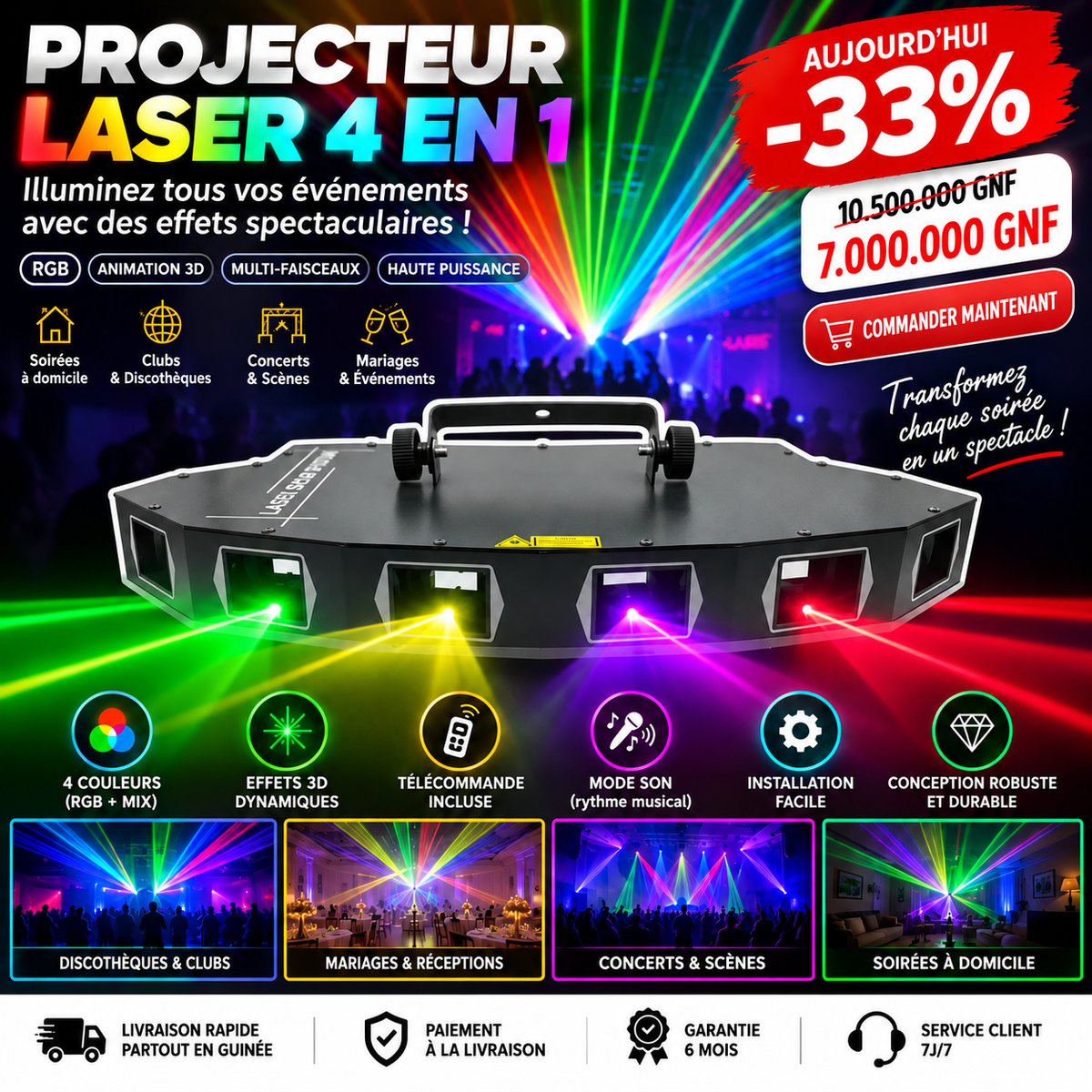 🎇 Projecteur Laser 4 en 1 – RGB Multifaiseaux