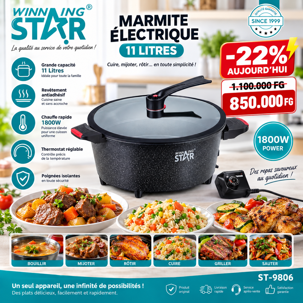 🍲 Marmite Électrique WINNING STAR 11 Litres – 1800W
