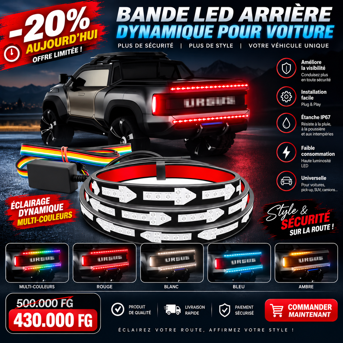 🚗 Bande LED Arrière Dynamique Multicolore pour Voiture