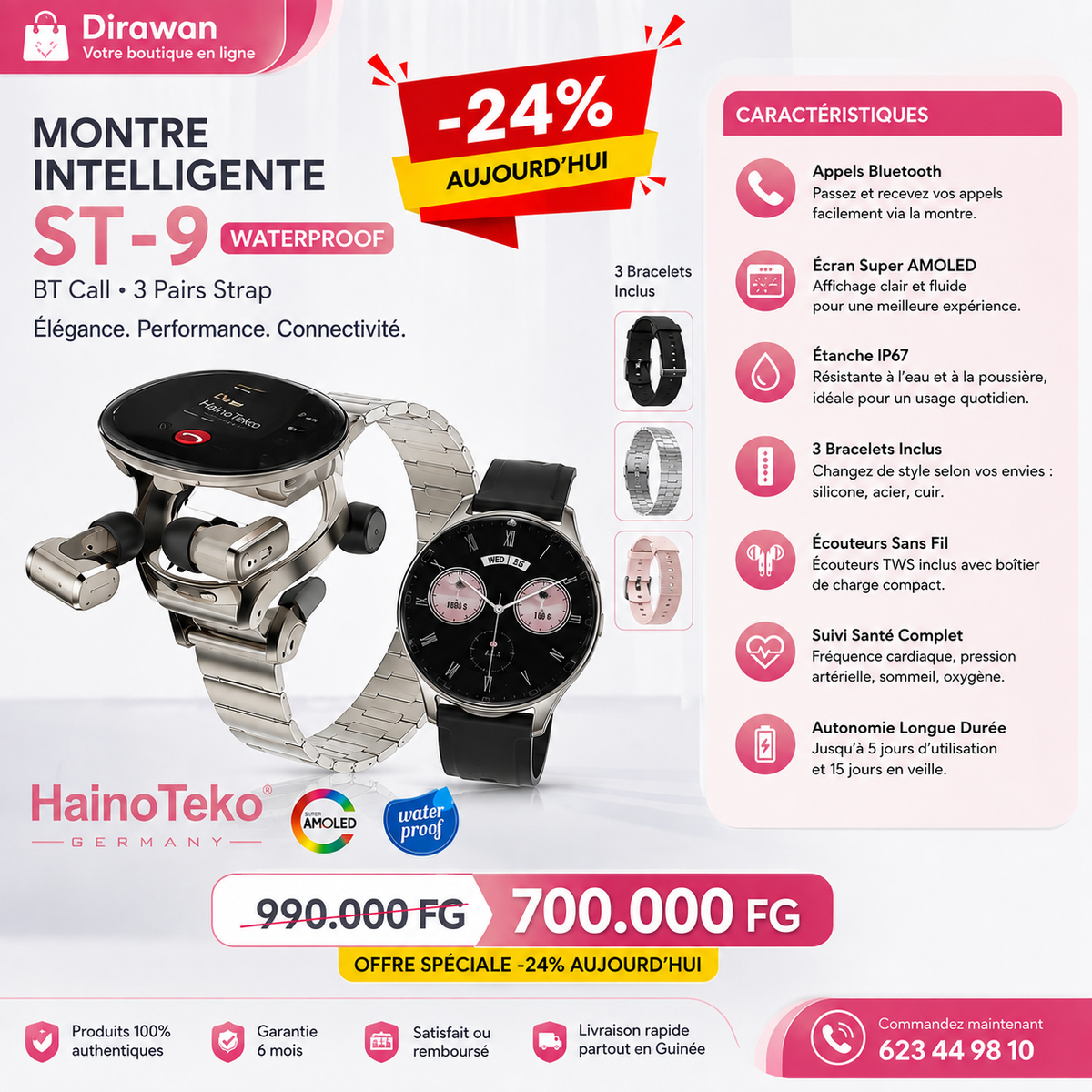 Montre Connectée HainoTeko ST-9 Waterproof + Écouteurs Sans Fil