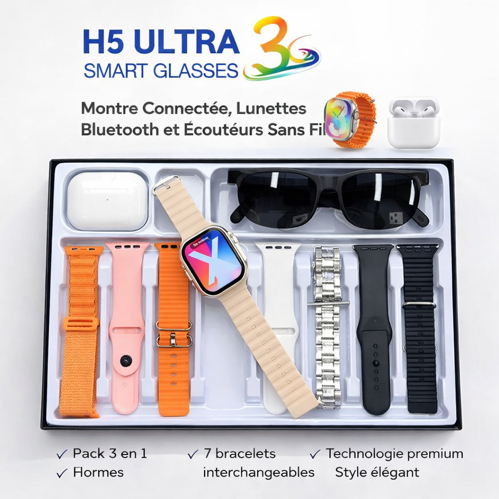 H5 Ultra 3 Smart Glasses – Le Coffret Intelligent 3 en 1 qui Révolutionne Votre Style