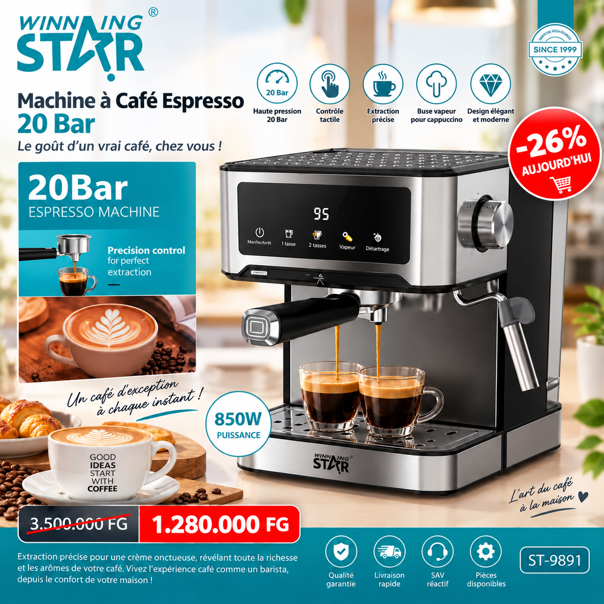☕ Machine à Café Espresso WINNING STAR ST-9891 — 20 Bar