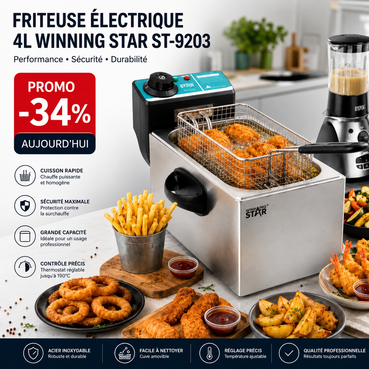 Friteuse Électrique 4L Winning Star ST-9203 - Friture Parfaite à Chaque Fois