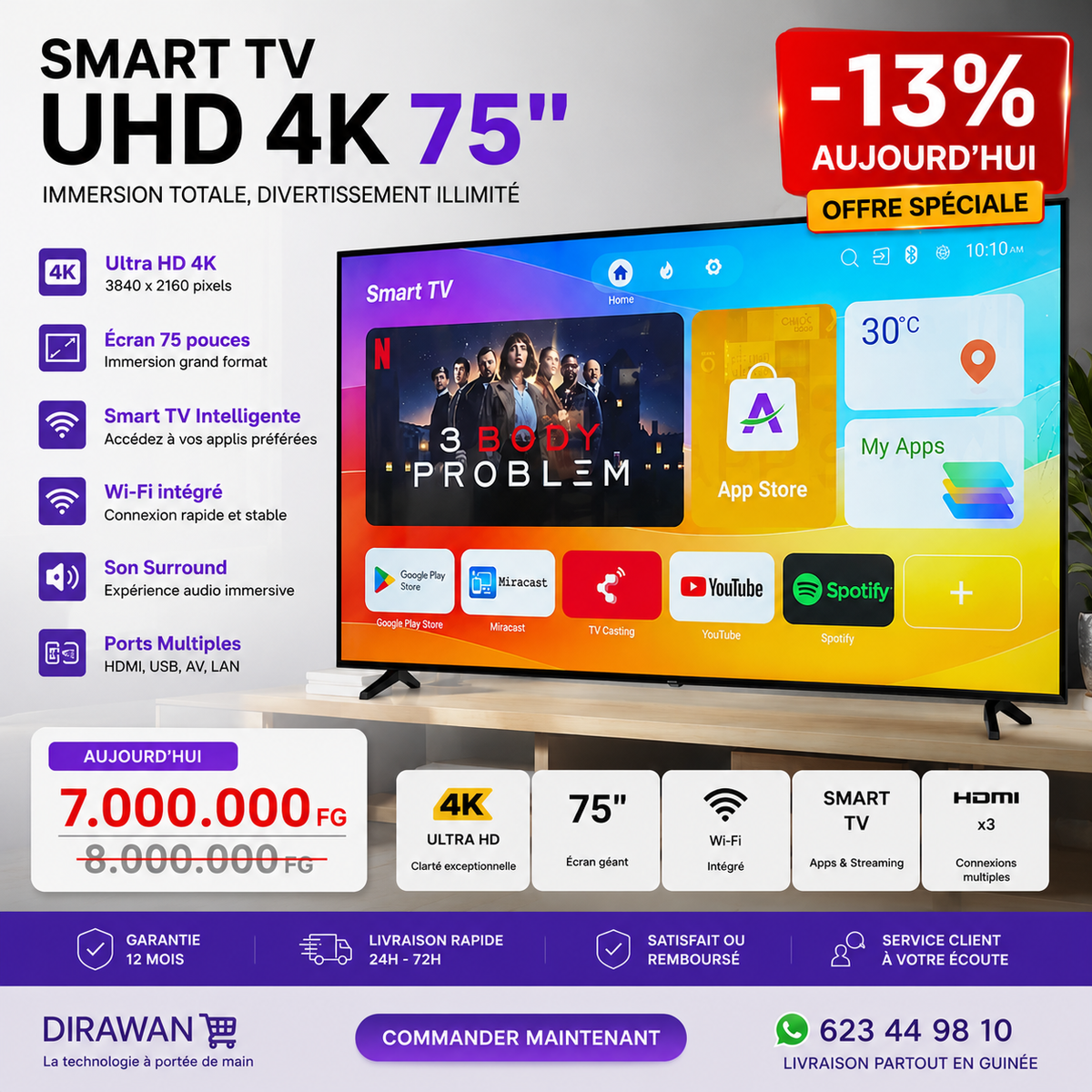 Smart TV UHD 4K 75" Frameless - Plongez au Cœur de l'Image