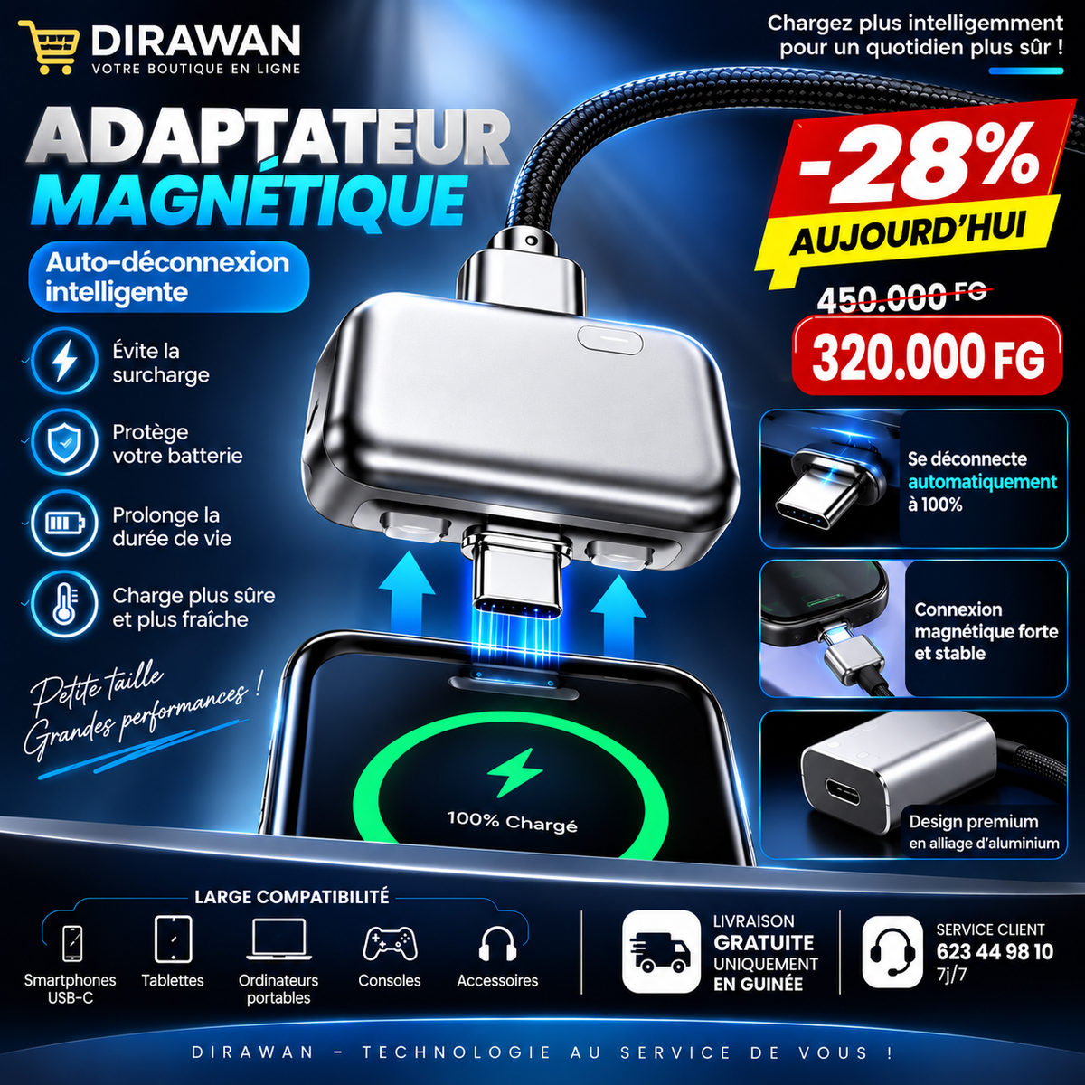 Adaptateur Magnétique USB-C à Déconnexion Automatique