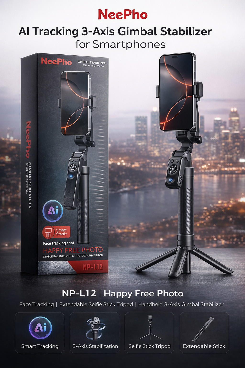 Stabilisateur Gimbal NeePho NP-L12 – Selfie Stick Intelligent avec Trépied