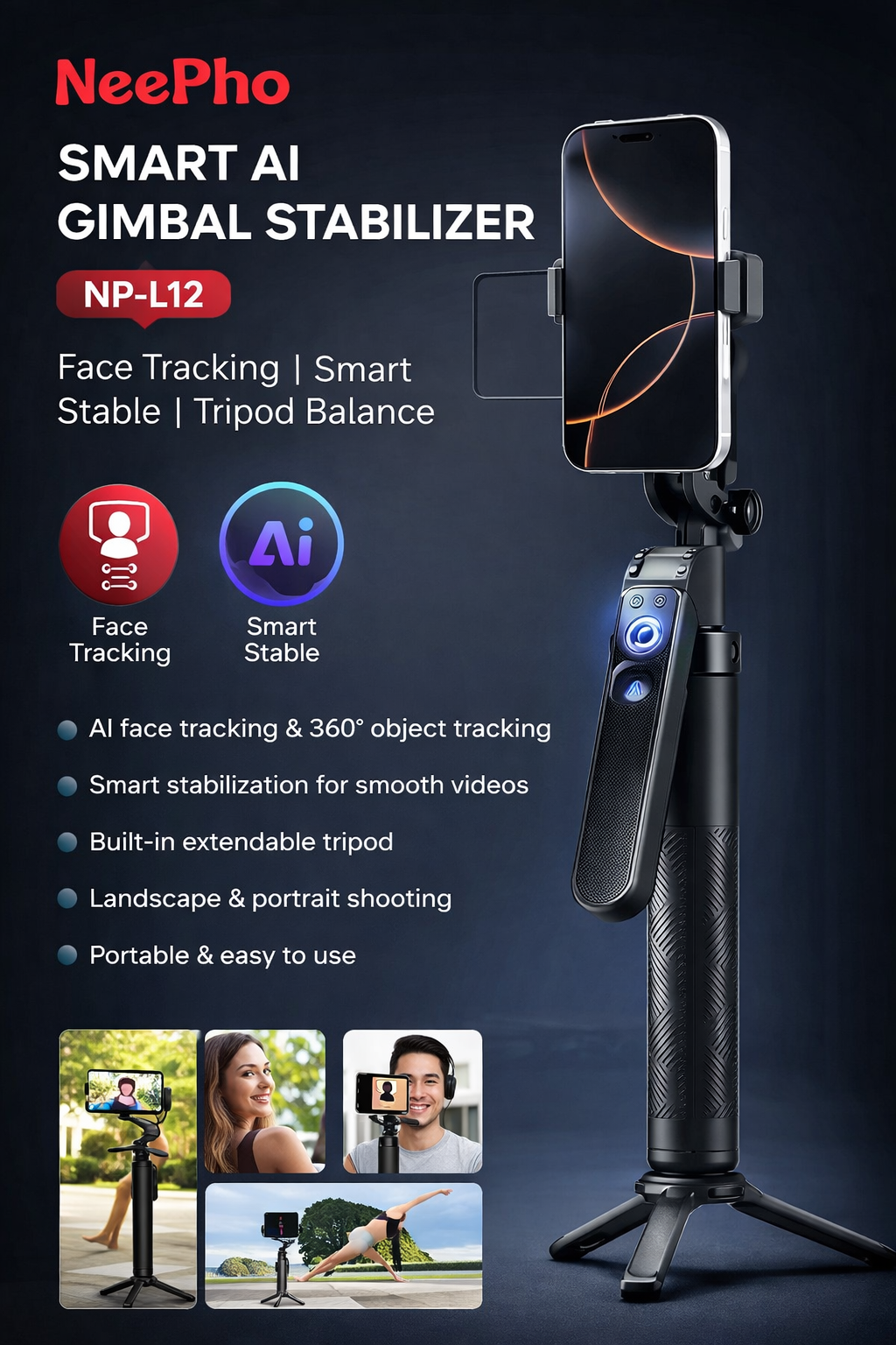 Stabilisateur Gimbal NeePho NP-L12 – Selfie Stick Intelligent avec Trépied