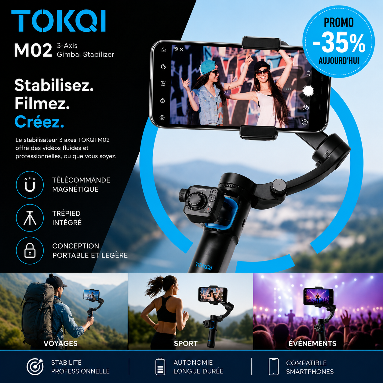 Stabilisateur Gimbal 3 Axes Professionnel pour Smartphone