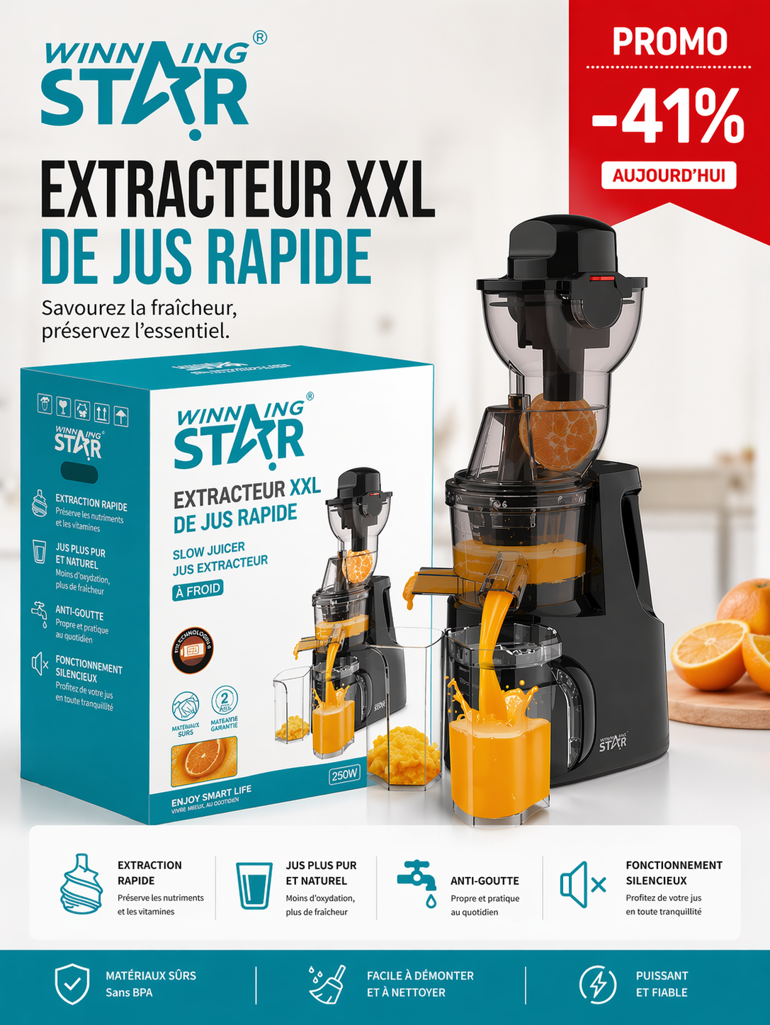 EXTRACTEUR DE JUS XXL 250W: jus frais, riches et savoureux… en quelques secondes seulement !