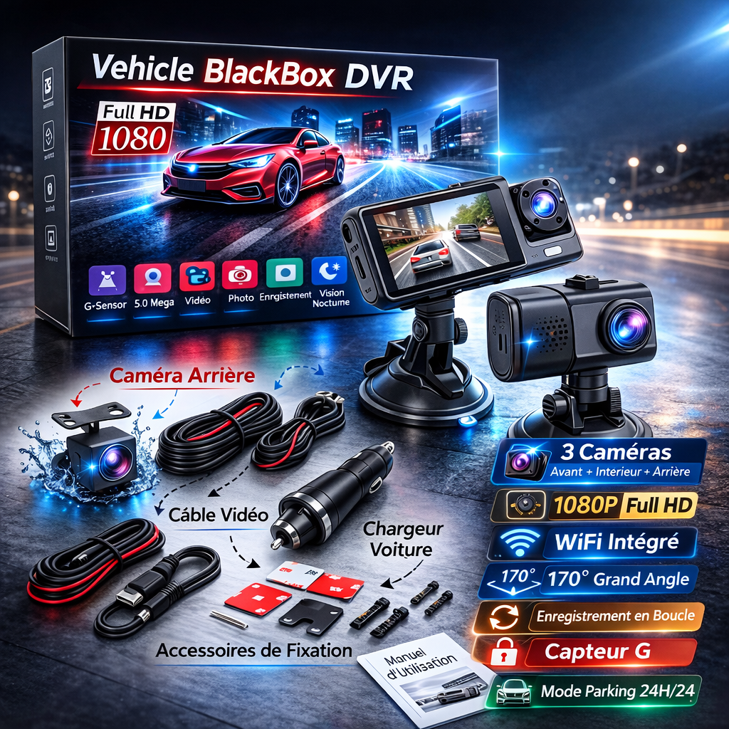 🚗 Caméra Embarquée 3 Caméras 1080P – WiFi Intégré & Vision Nocturne