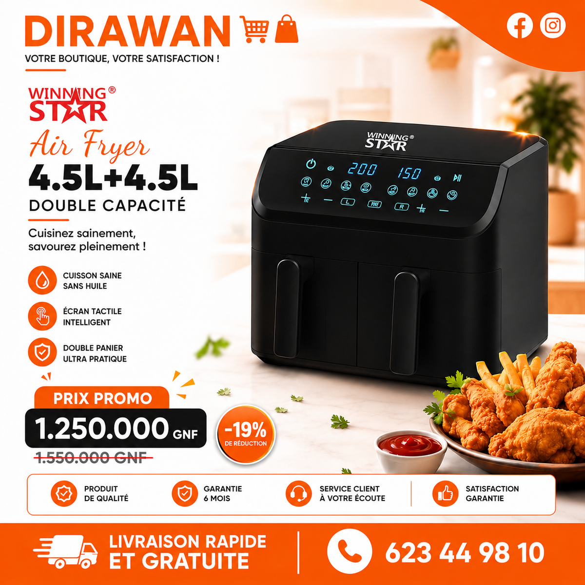 Friteuse à air Double Bac WINNING STAR - (4.5L + 4.5L)