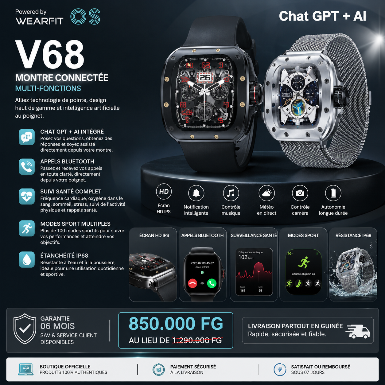 Montre Connectée Aura V68- Votre Partenaire Cardio et Vitalité au Quotidien