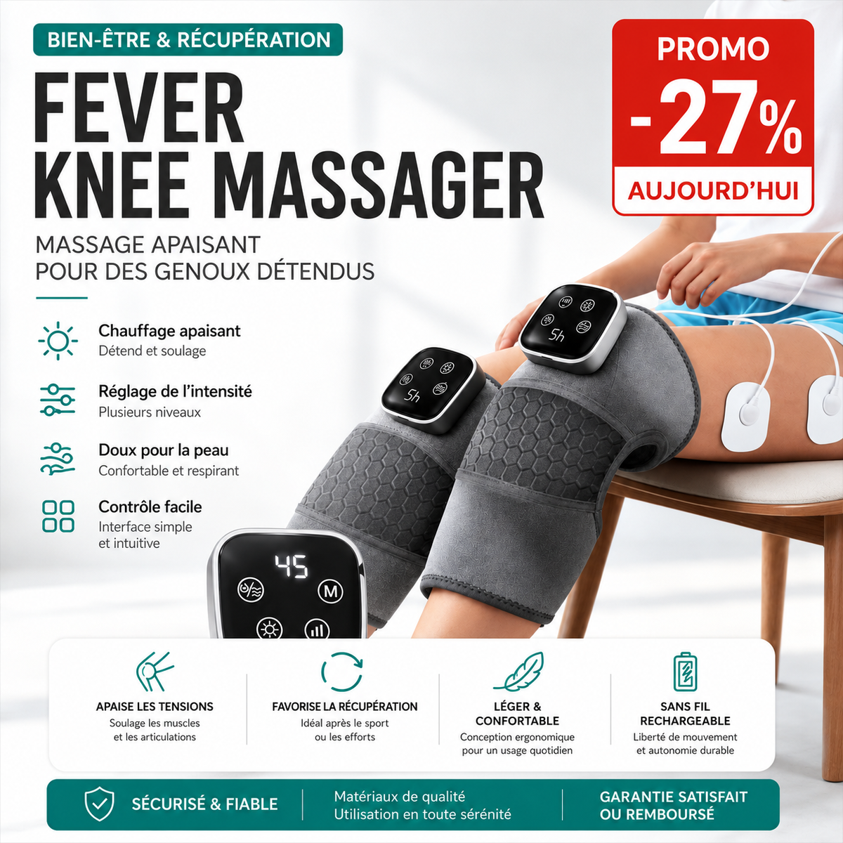 Masseur de Genou Chauffant 3-en-1 - Thérapie Articulaire et Vibratoire