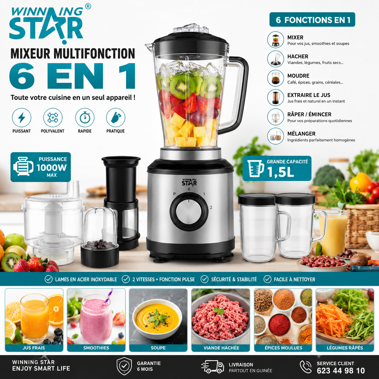 Mixeur Multifonction 6-en-1 Winning Star ST-5960 : Votre Allié Culinaire Ultime