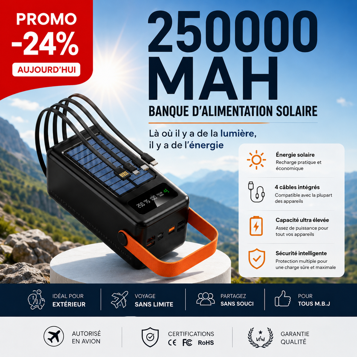Powerbank Solaire Ultra-Haute Capacité 250000 mAh