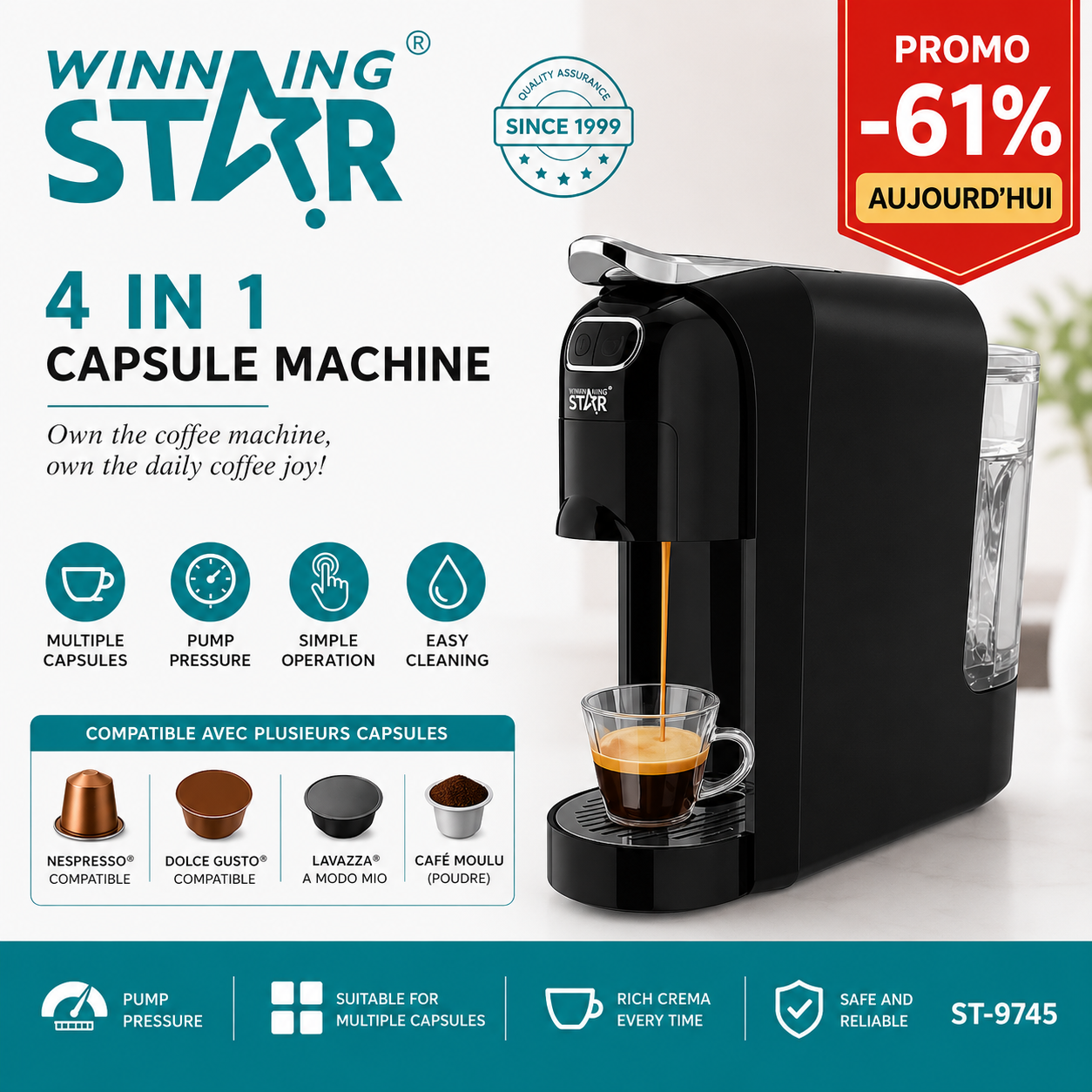 Cafetière Expresso Automatique Intelligente 4-en-1 Winning Star ST-9705– Votre Barista Personnel