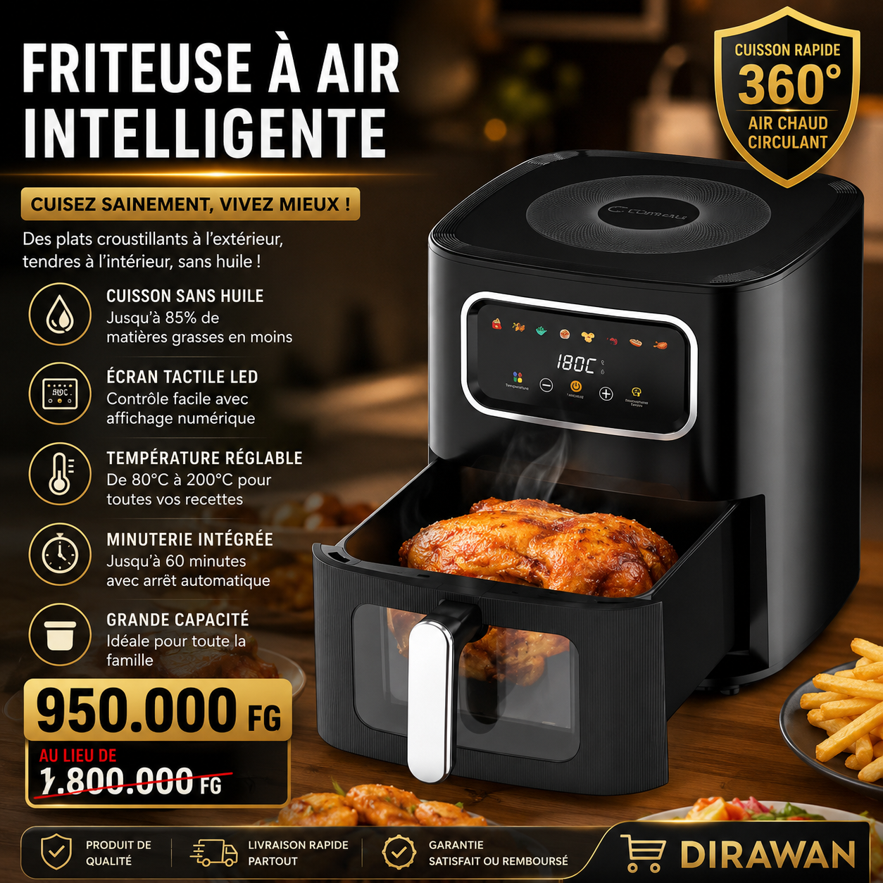 Friteuse à Air Chaud Numérique 4,5L- Cuisine Saine et Facile