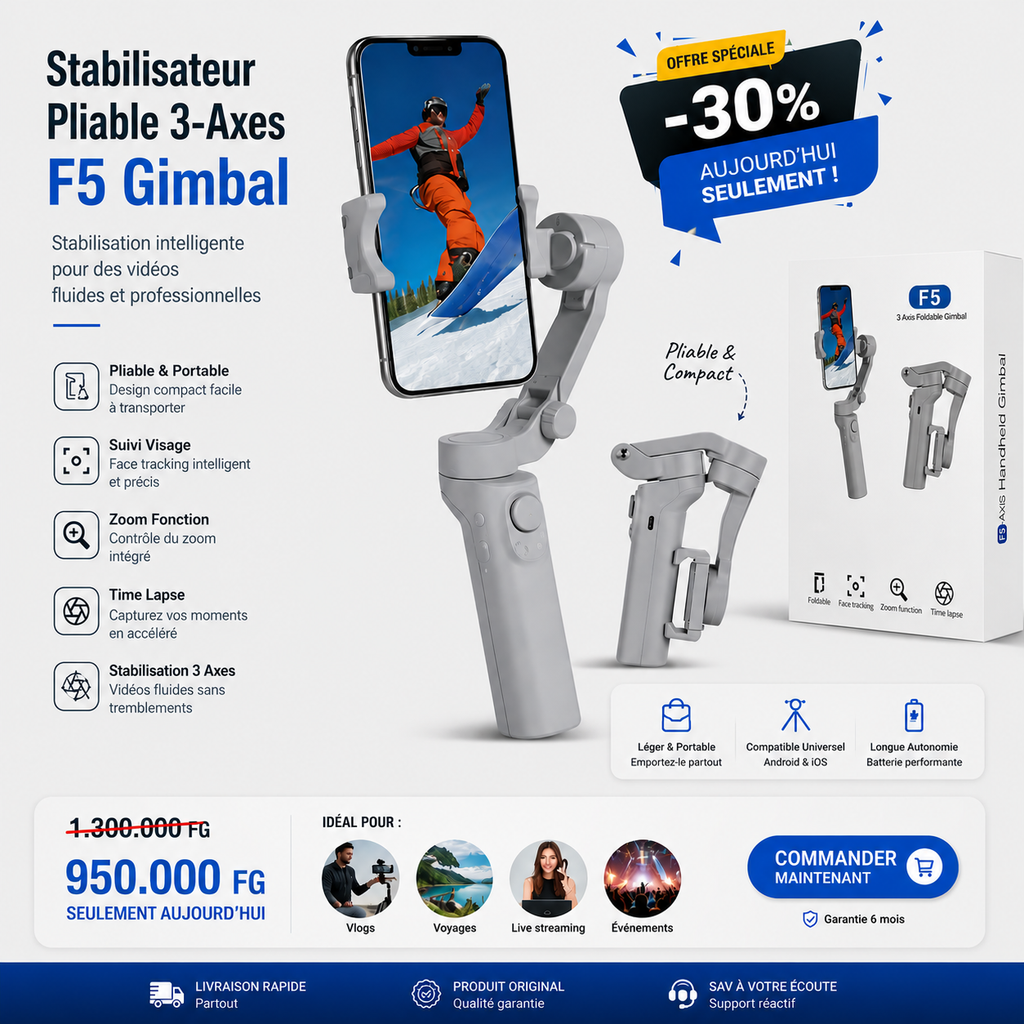 Stabilisateur F5 3-Axes Pliable Gimbal — Filmez comme un professionnel avec votre smartphone