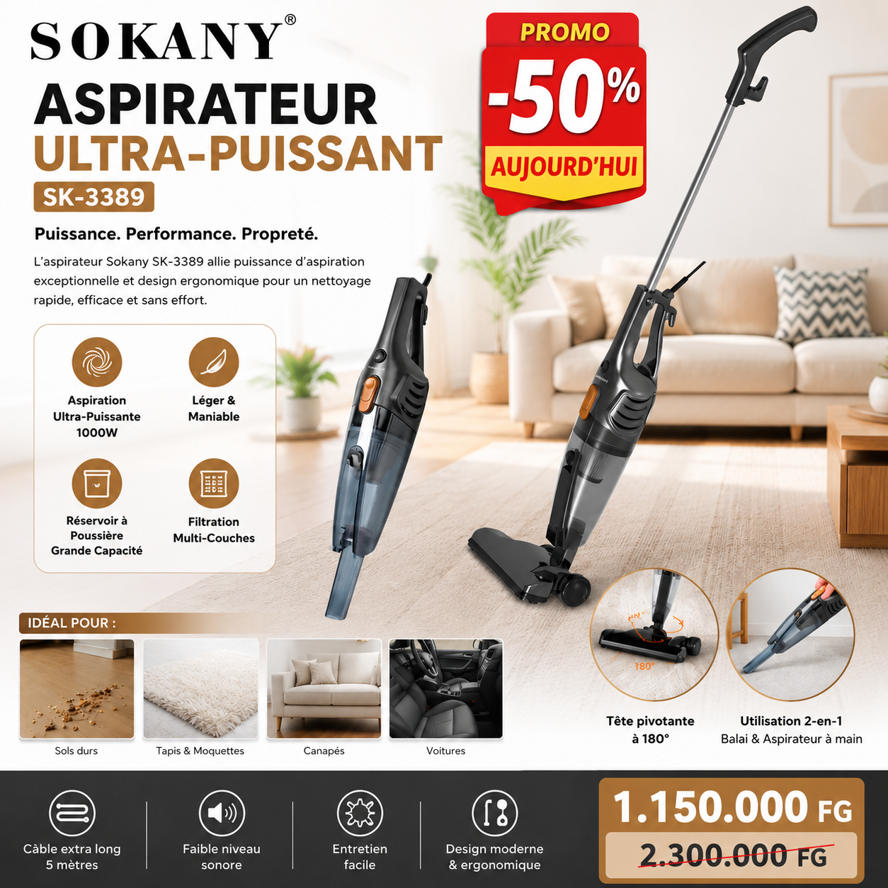 Aspirateur Sokany  Ultra-Puissant SK-3389